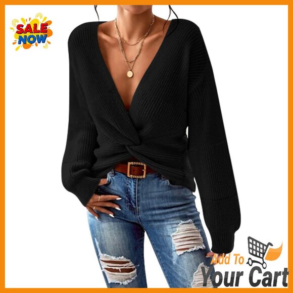 Sweaters - Cropped V-Neck Pullover Sweater, Long Sleeve Twist Knot Top, Soft Knit